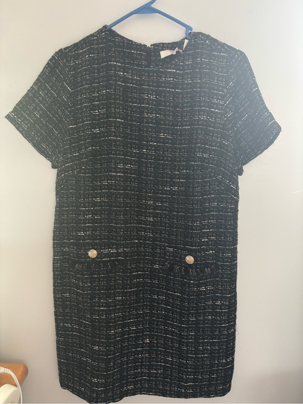 LOFT Black Tweed Short Sleeve Shift Dress with Gold Buttons